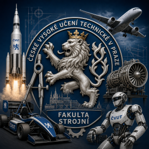 České vysoké učení technické v Praze Fakulta strojní, lev s korunou, kružítko, raketa, motor, letadlo, formule, robot