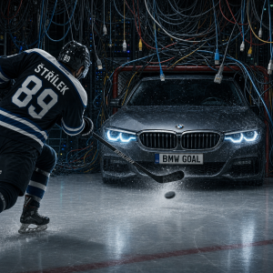 hokejista ktery strili gol, ale misto branky je automobil znacky bmw, kolem visi pocitacove kabely