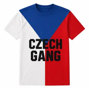 tričko v barvách české vlajky, modrý klín, vlevo bílá, vpravo červená. Nápis vpředu černou, ve dvou řádcích CZECH GANG