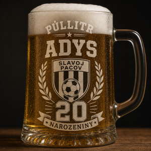 PŮLLITR, JMÉNO ADYS, ČÍSLO 20, PROTOŽE NAROZENINY A LOGO FOTBALOVÉHO TÝMU SLAVOJ PACOV