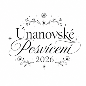 Napsáno Únanovské Posvícení 2026 ať je to elegantní jednoduché a jen černý nápis žádné barvy a nějaký hvězdy a kytky