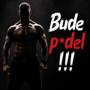 Silueta mužského vyrýsovaného, potetovaného, opáleného těla realistická podoba Text: Bude p*del !!!