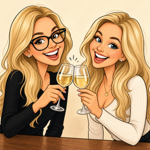 Karikatura dvou blondýn jedna s brýlemi co si připiji