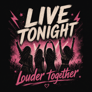 potisk na rockový koncert pro partu holek, nápis: "LIVE TONIGHT" "louder together"