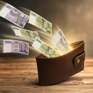 Obrázek - s peněženkou jak do ni letí peníze