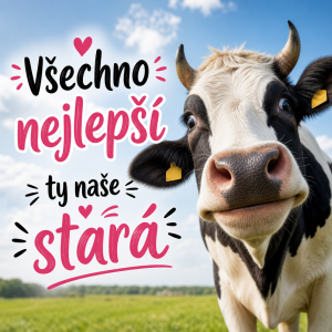 Nápis: Všechno nejlepší ty naše "stará"
Obrázek: Kráva