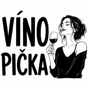 Nápis "VÍNO Pička" Víno bude memší ale velkými písmeny. Vedle toho žena se skleničkou vína v ruce. Černobílý obrázek.