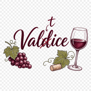 nápis Valdice, "d" přeškrtnuté a opravené na "t", motiv s vínem bez krajinky, kreslený. Bez pozadí