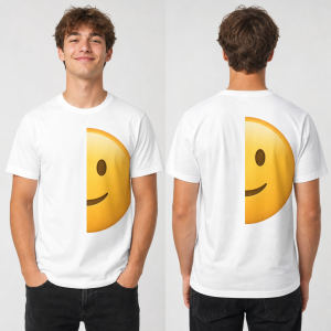 Obyčejný základní usmívající se emoji. Chci aby část byla na přední straně trička a druhá část na zadní. Spojené