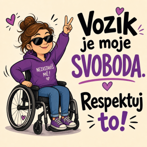 Vtipný kreslený obrazek ženy na vozíku a nápis
Vozík je moje svoboda. Respektuj to!