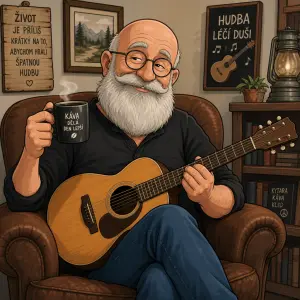 Starý Holohlavý pán s plnovousem a Hrnkem kávy v ruce a s kytarou Cartoon