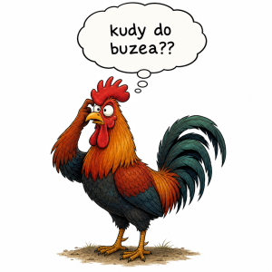 Kohout co má nad hlavou bublinu kde je napsáno ,,kudy do buzea??"