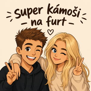 Animovaný obrázek krátké hnědé vlasy chlap a blondýna žena s nápisem "super kámoši - na furt"