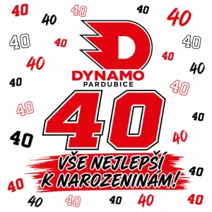 Znak Dynamo Pardubice v bílém pozadí. Velká číslice 40. Vše nejlepší k narozeninám. Spousta malých číslic 40 okolo