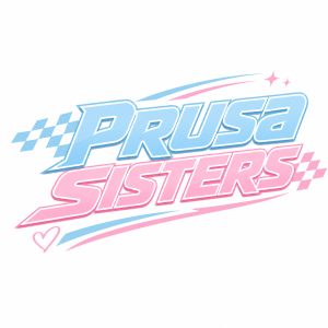 Nápis PRUSA SISTERS ve světle modré a světle růžově barvě. V závodním stylu ale pořad trochu holčičí