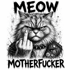 Huňatá naštvaná kočka ukazuje prostředníček. Nahoře „MEOW“, dole „MOTHERFUCKER“. Černobílá detailní kresba, punk/grunge