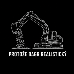 Bílí obrys pásového bagru kerému se lžíce padá kamení a pod tím nápis protože bagr realistický a jednoduchý