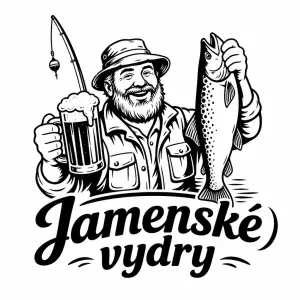 Obrázek rybáře s pivem a rybou.
Nápis: Jamenské vydry
Vše prosím pouze v černé barvě