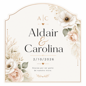 Create a modern label for a bottle for a wedding Aldair & Carolina 2/10/2026, with flours and some modern touches,