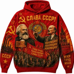 Udelej nejvice komunistickou mikinu, Karl Marx a Lenin, jenz krici revoluce, srp a kladive, slava SSSR