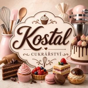 Nápis Kostal s cukrářským náčiním a cukrářský mi vyrobky