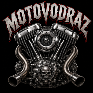 Velký motor z výkonné a hlasitě motorky, nad tím nápis MOTOVODRAZ v rockovém fontu, text bude zaoblený nad motorem.