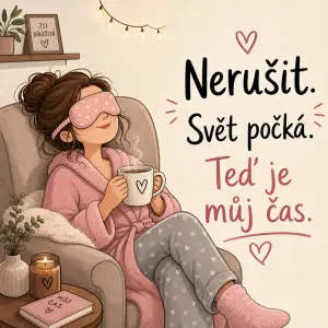 kreslený obrázek - Máma s maskou na očích. Text - Nerušit. Svět počká. Teď je můj čas.