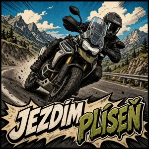 motorkar na cestovim enduru triumph v naklonu a pod nim napis Jezdim plíseň obrazek v comics stylu