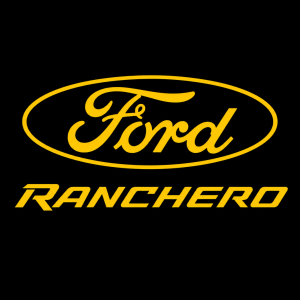 Logo Ford Ranchero a pod nim napis Ranchero, vse ve zlute barve.