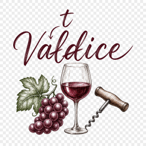 nápis Valdice, "d" přeškrtnuté a opravené na "t", motiv s vínem, ilustrace - sklenka, hrozen, vývrtka. Bez pozadí