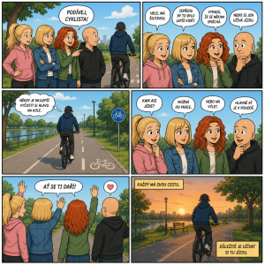 Komiks, blondýnka s culikem, blondýna mikádo, červenovlaska, plešatý muž a muž se šiltovkou ze zadu na kole