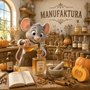 3D kreslená myš vyrábí v dílně parfém dýně, na zdi je napsáno MANUFAKTURA, dílna je světlá