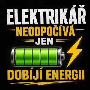 Text elektrikář neodpočívá jen dobíjí energii, obrázek dobíjecí baterie a symbol blesku