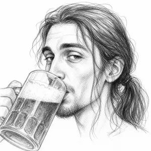 vlasatý muž hubené postavy, pouze obličej, pije pivo z půllitru. Vlasy do culíku. Černobílá skica.