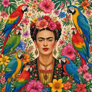 Darebný potisk plný kvetov a v středě obrázku by byla Frída Kahlo … kolem obrázku by byli barevný papoušci