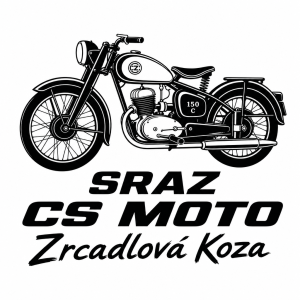 Stará motorka ČZ 150 c jednobarevně. Text SRAZ CS MOTO Zrcadlová Koza. Text ne do kruhu