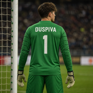 Chci na zádech mýt napsáno Duspiva a pod tím 1 dlouhý brankarsky polstrovaný a zelená barva fotbalový