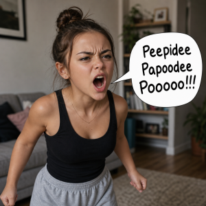Malá ženská, která má soustředěný, lehce zamračený výraz a křičí: Peepidee Papoodee Pooooo!!!