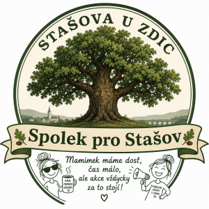 znak Stašova u Zdic což je velký strom dub, k tomu Spolek pro Stašov a vtipný motto mamimek co pořádají akce