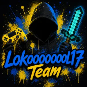 Modrý nápis Lokoooooool17 Team Žlutomodré fleky černá postava s kapucí žlutá herní konzole diamantový měč z minecraftu