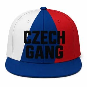 v barvách české vlajky, modrý klín, vlevo bílá, vpravo červená. Nápis vpředu černou, ve dvou řádcích CZECH GANG