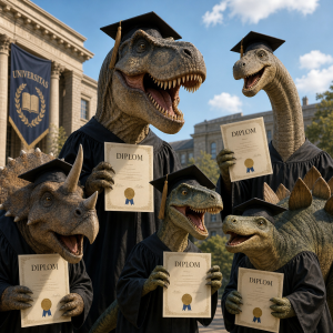 Motiv dinosaurů s diplomem v ruce