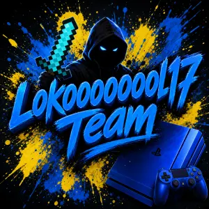 Modrý Nápis Lokoooooool17 Team
Žluto modré skvrny
Černá postava
Modrá playstation konzole
Diamantový meč z minecraftu