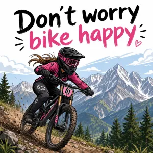 kreslený obrázek sjezdařky na DH kole a za ním jdou vidět hory a nad obrázkem je text: Don´t worry bike happy