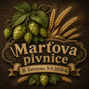 Obrázek chmele a klasů a nápis "Marťova pivnice, Založeno 9.9.2026