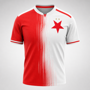 Slávistický domácí dres z roku 2026.
Dej na tričko takovou grafiku, aby to vypadalo jako fotbalový dres. Bez značky.