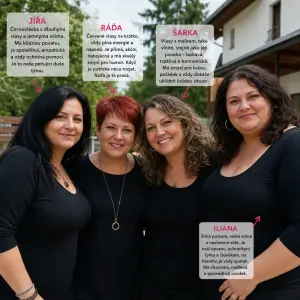 Popiš jmény kolegyně černovlasou jířu, červené na krátko Ráďu , s melírem Šárka nevenku také s vlny, Iliana silná postav