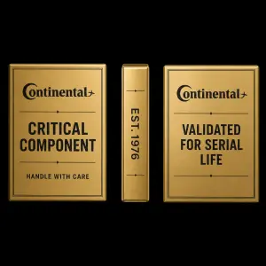 Front:
CRITICAL COMPONENT
HANDLE WITH CARE
Side:
EST. 1976
Back:
VALIDATED FOR SERIAL LIFE
gold Continental-style