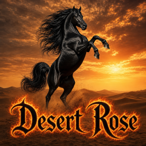 Černý arabský plnokrevník se vzpíná v poušti nad černým nápisem Desert Rose. Nápis má ohnivý obrys.