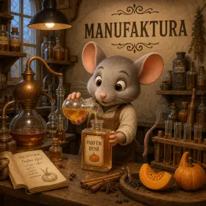 3D kreslená myš vyrábí v dílně parfém dýně, na zdi je napsáno MANUFAKTURA